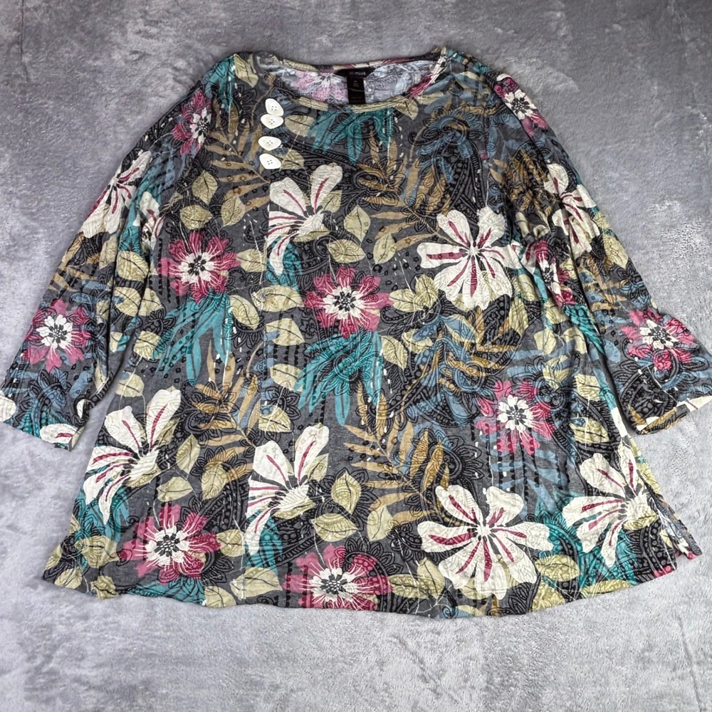 Ali Miles Tunic Top Womens 2X Multi Color Floral Paisley Boho Button Detail 3/4